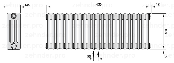 Схема (чертеж) Радиатор Zehnder Charleston 4050/23 №5410 Белый глянцевый RAL 9016